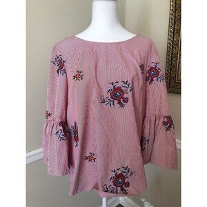 Nine West Size M Red Striped Blouse Floral Embroidered Tie Back Bell Sleeve Boho